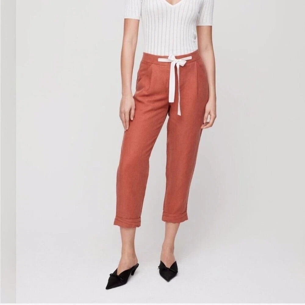 Aritzia Wilfred Allant Cropped Linen Pants Sz 2 Tie Waist Buttons Fly Rust Orang